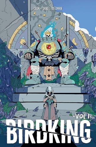 A small, white-haired figure stands before a skeletal, armored king sitting on a throne.