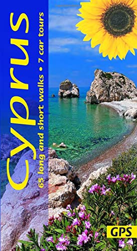 Cyprus walking guide cover with coastal scene, sunflower, and GPS logo.
