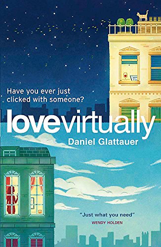 Book cover: "Love Virtually" by Daniel Glattauer, illustrated buildings, night sky.