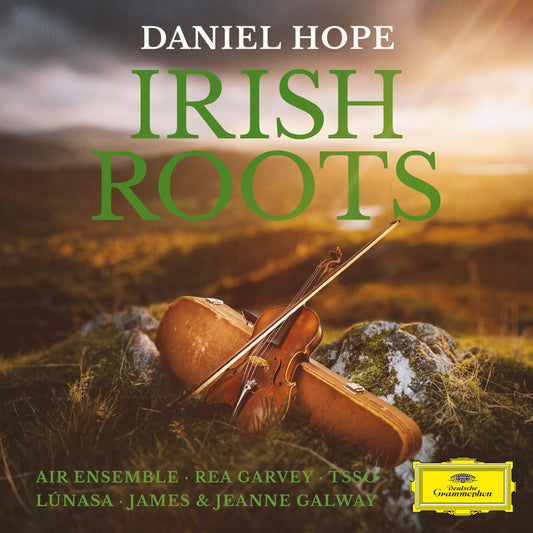 CD cover: violin on stone with green Irish landscape background.