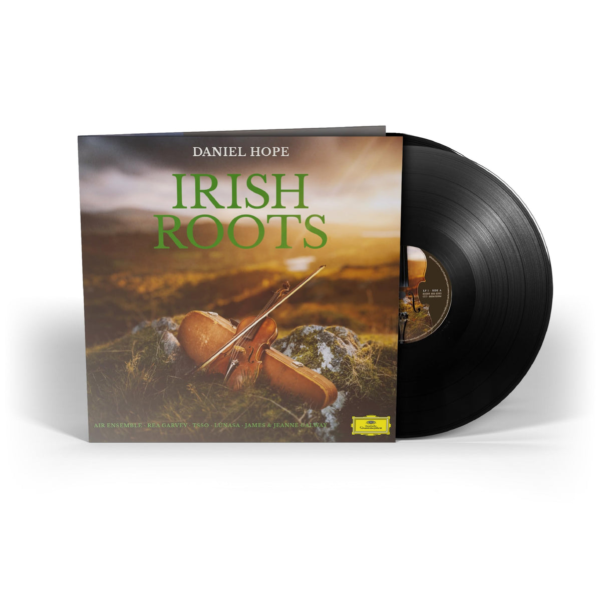 Vinyl record of Daniel Hope Air Ensemble’s “Irish Roots,” featuring Celtic-inspired artwork.