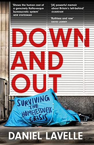 Book cover: "Down and Out" with a blue tent in front of shutters.