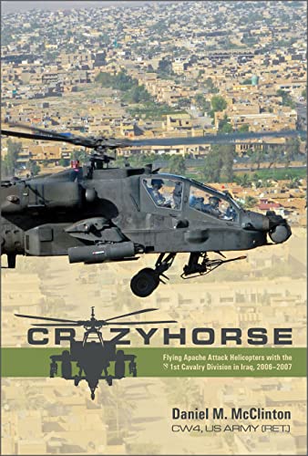 Book cover: Apache helicopter in flight over a city, titled "Crazyhorse".