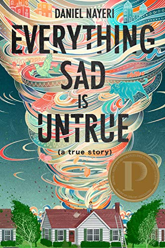 Book cover: “Everything Sad Is Untrue” with swirling, colorful illustrations.