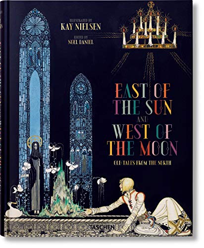 Book cover with dark blue background, gothic windows, a chandelier, and an illustrated figure.