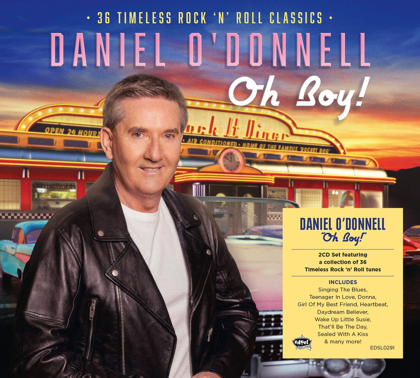Daniel O'Donnell album cover, "Oh Boy!", with a diner and classic cars.