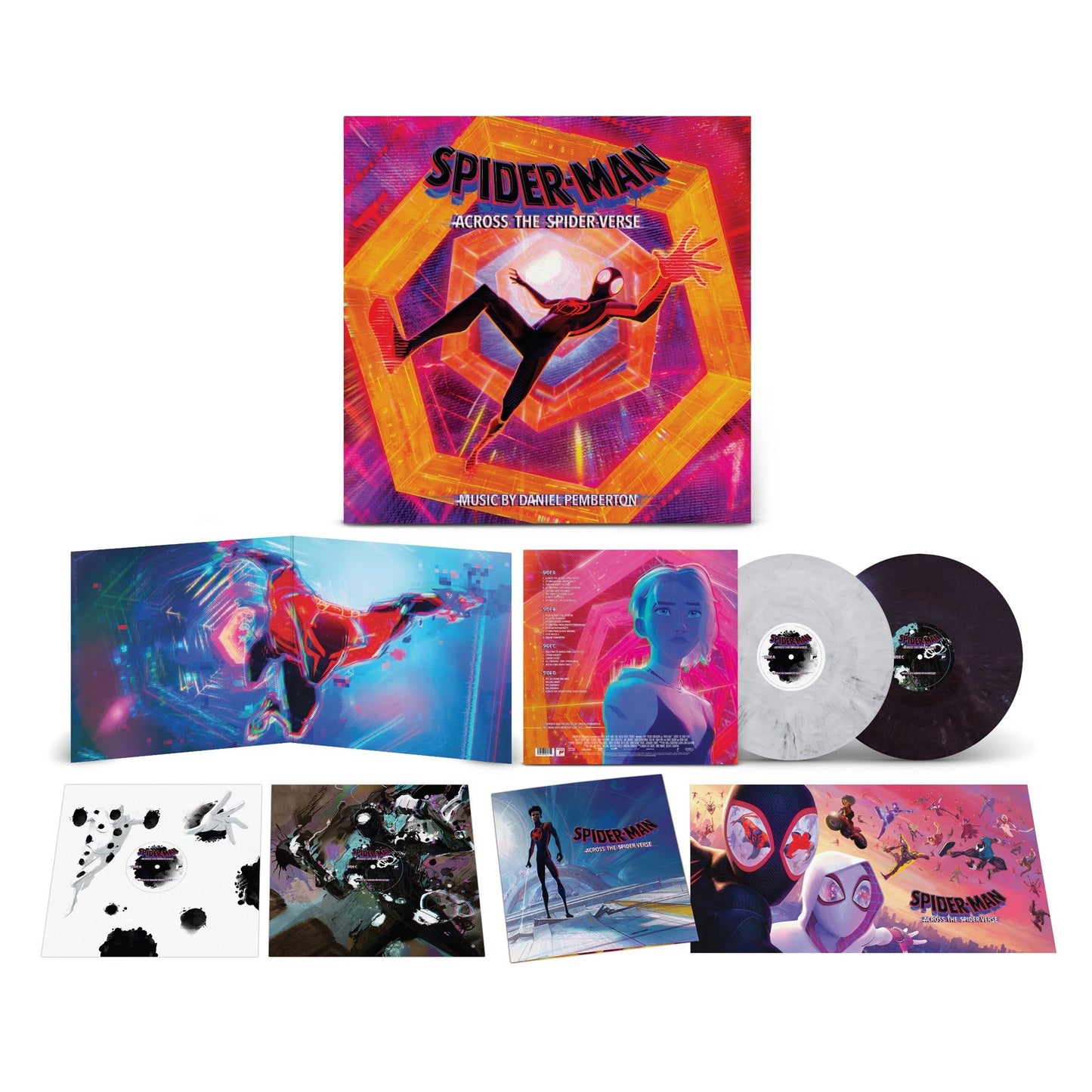 Spider-Man Across the Spider-Verse vinyl set with album art, inner sleeves, and two discs.