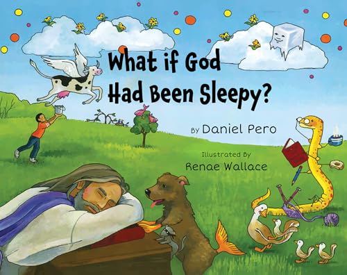 Book cover: sleeping God, cow with wings, and whimsical green landscape.