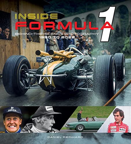 Formula 1 book cover featuring vintage race cars and driver portraits.