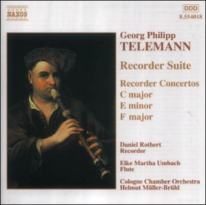 CD cover featuring a man playing a recorder, text details composer Telemann.