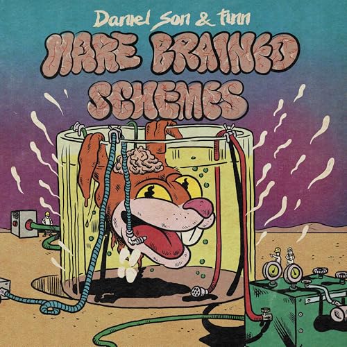 Album cover: Cartoon dog in a beaker with bubbling liquid, desert background.