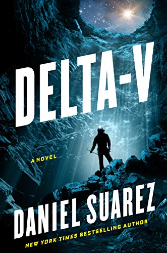 Book cover: “Delta-V” depicts a lone figure in a cavernous, rocky landscape.