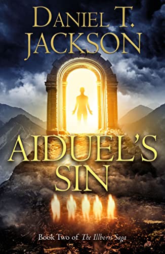Book cover: dark mountains, glowing archway, and silhouetted figure.