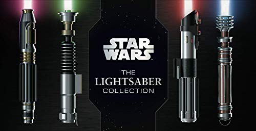 Four illuminated lightsabers with metallic hilts against a dark background.
