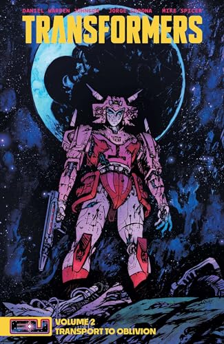 A pink and red Transformer stands before a large moon in deep space.