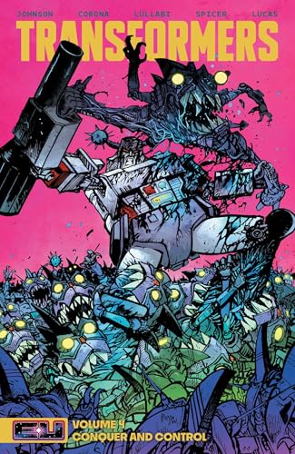 Megatron battles a swarm of monstrous creatures on a vibrant pink comic book cover.