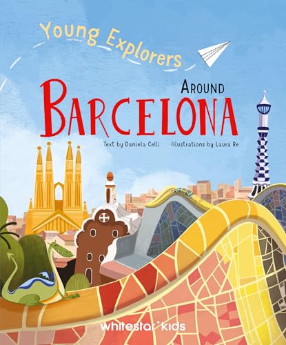 Book cover illustration of Barcelona landmarks, including Sagrada Familia and Park Guell, with dragon.