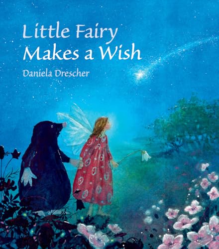 Fairy and penguin silhouetted against a blue night sky with a shooting star.