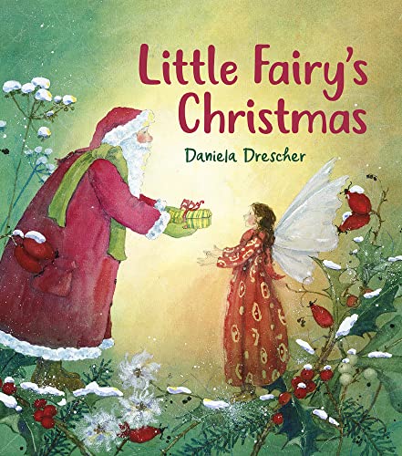 Santa Claus giving a gift to a fairy in a wintry scene.