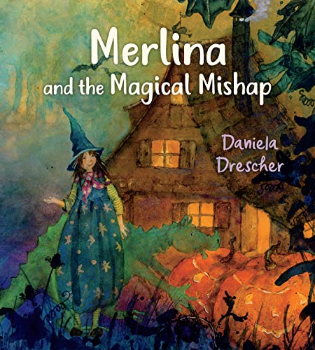Book cover: girl in blue dress with a green dragon and house.