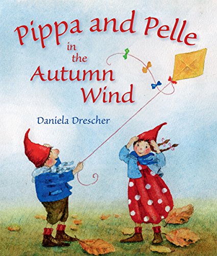 Children with red hats fly a yellow kite in autumn.