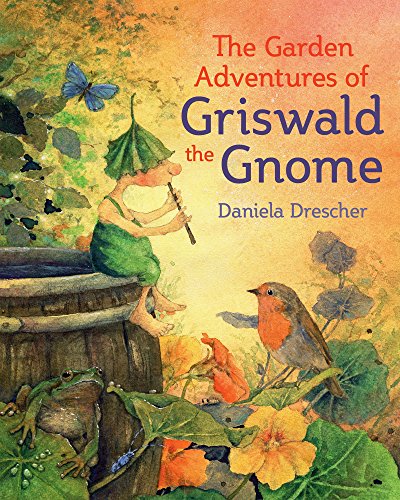 Book cover: gnome playing a flute in a colorful garden scene.
