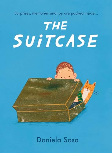 Boy and orange cat peek from inside an open, brown suitcase.