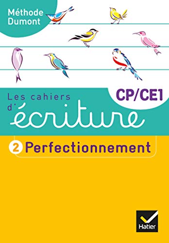 Colorful school workbook cover with birds and text “Les cahiers d’écriture CP/CE1”.