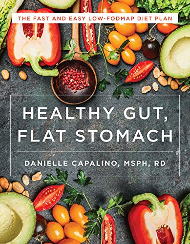 Book cover with colorful fruits and vegetables, text: "Healthy Gut, Flat Stomach.