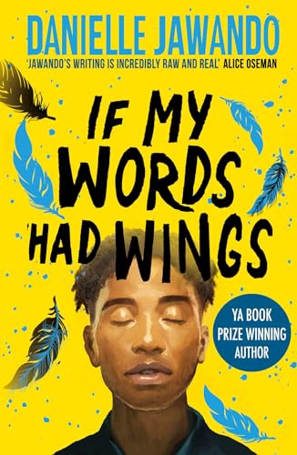 Book cover with yellow background, black text, and blue feathers around a young man.