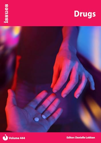 Book cover with hands reaching for a pill, titled "Drugs.