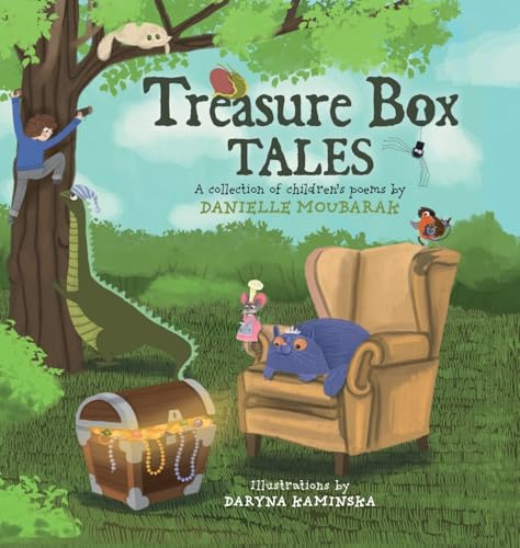 Children’s book cover with fantasy creatures, a treasure chest, and armchair.