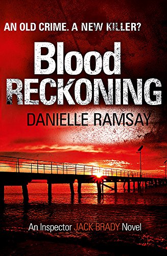 Book cover: “Blood Reckoning” with a pier silhouetted against a red sunset.