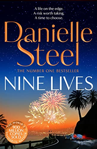 Book cover for "Nine Lives" by Danielle Steel with fireworks and a coastal road.