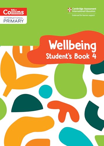 Cover of Collins International Primary Wellbeing Student's Book 4 with colorful abstract shapes.