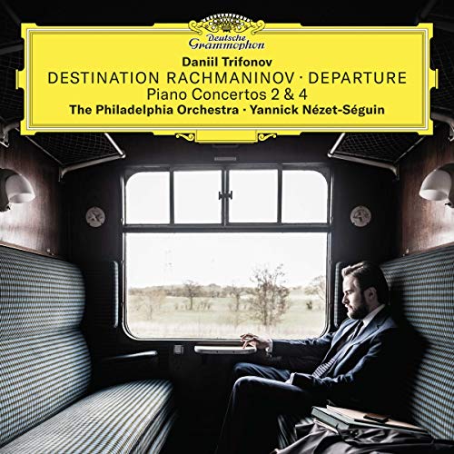 CD cover: Daniil Trifonov seated in a train compartment, looking out.