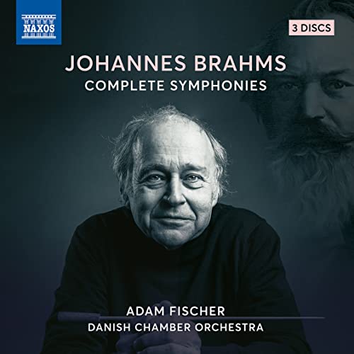 CD cover for Johannes Brahms symphonies featuring Adam Fischer and composer portrait.