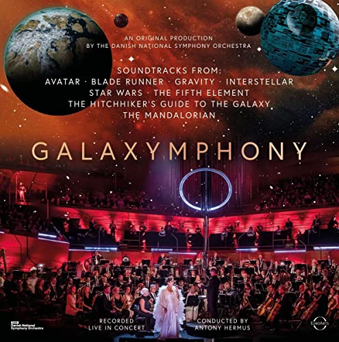 Vinyl record cover: orchestra performing with galactic imagery.
