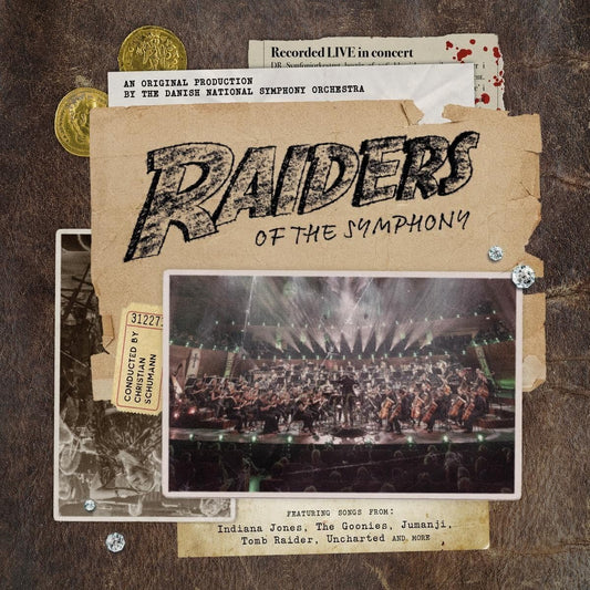 CD cover for “Raiders of the Symphony” featuring an orchestra onstage.