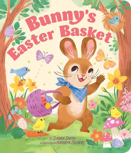 Bunny with a purple basket, butterflies, and flowers in a forest scene.