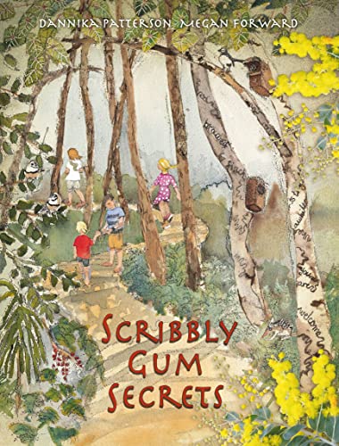 Watercolor illustration of children exploring a forest of scribbly gum trees.
