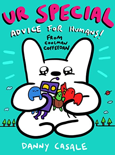 Book cover with cartoon bunny holding small creatures, bright blue background.