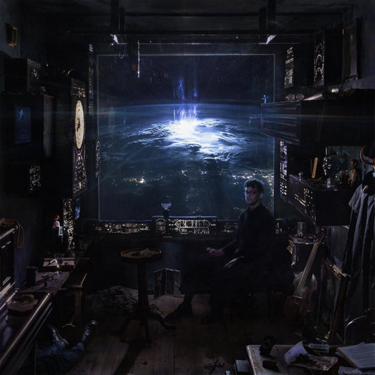A man sits in a dark, cluttered room looking out at Earth from space.