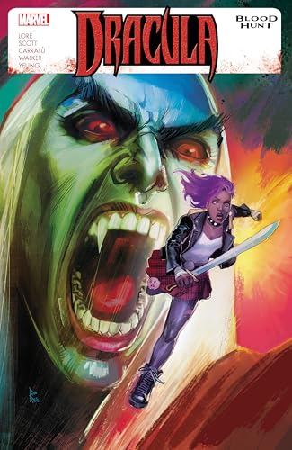 Comic book cover: Dracula looms over a woman wielding a knife.