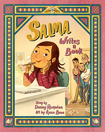 Book cover: young girl writing, family standing nearby, colorful illustrated style.