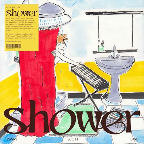 Watercolor illustration of a person in a shower playing a keyboard in a bathroom.