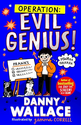 Book cover: boy plotting pranks with a cat, bright colors, text.