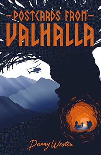 Book cover: "Postcards from Valhalla" with mountains, a helicopter, and figures.