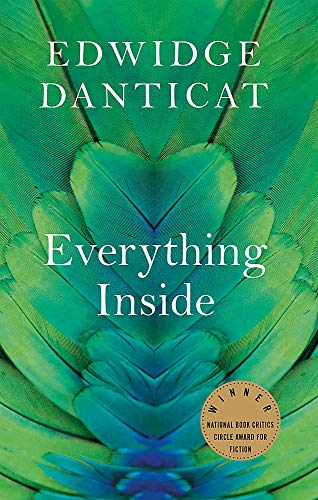 Book cover: “Everything Inside” by Edwidge Danticat, green feather design.