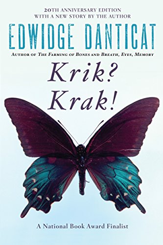 Book cover for Krik? Krak! by Edwidge Danticat featuring a large, dark blue butterfly.